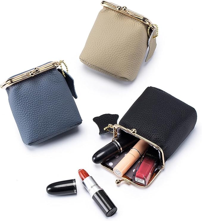 Genuine Leather Mini Jewelry Box for Women, Square Coin Purse with Kiss Lock, Makeup Cosmetic Bag Organizer Travel Case (Large, Beige)