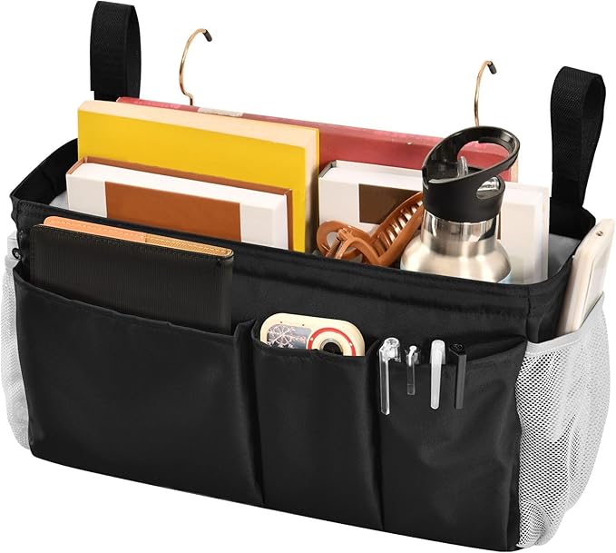 Black Bedside Caddy Storage Bag Bedside Organizer for Bed Rails College Dorm Room Organizer Caddy Hanging Shelf 6 Pockets with Hooks for Drinks Magazine Phone Holder
