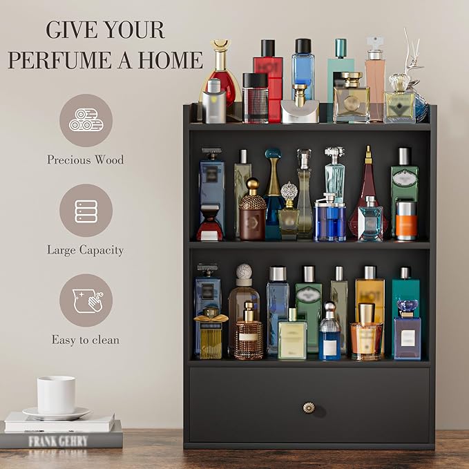 3 Tier Cologne Organizer for Men, Wooden Perfume Organizer Cologne Stand with Drawer Storage Large Capacity, Gift for Men (Black)