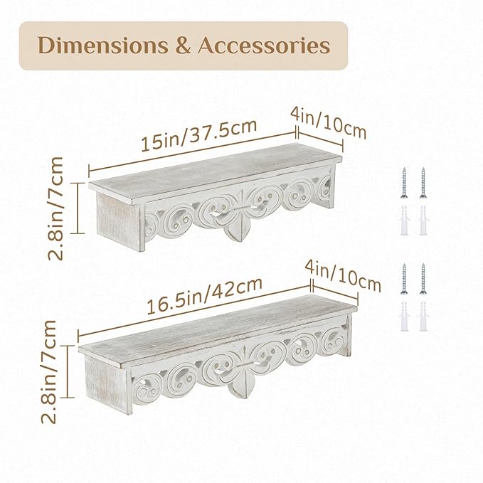 White Vintage Wall Shelves Decor - Antique Floating Shelf Wood Wall French Country Decor Farmhouse Rustic Hanging Shelves for Living Room Bedroom (16.5"+15")