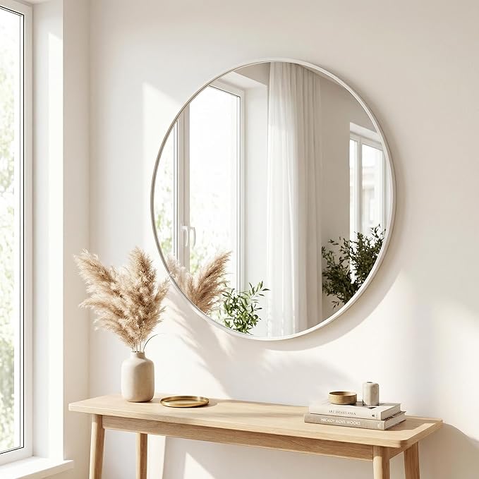 HARRITPURE Round Mirror 24" White Wall Mounted Circle Mirrors Vanity Mirror with Brushed Aluminum Alloy Frame Modern Decoration for Bathroom, Living Room, Vanity, Bedroom, Entryway