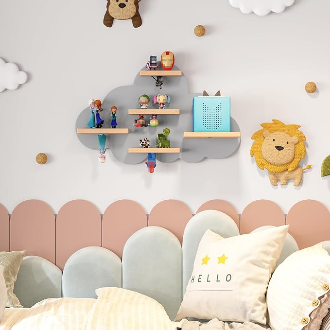 Grey Cloud Tonie Shelf Wall Mounted, Magnetic Floating Shelves for Toniebox, Tonies Characters, Wooden Tonie Storage Shelf for Kids Room
