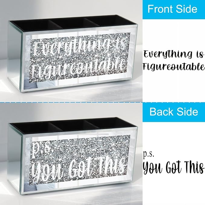 Silver Mirror Crystal Diamond Home Office Desk Box Sign Decor, Desktop Pen Organizer with 3 Compartment, Multi-Use Storage Box for Pencil, Remote, Makeup Brush-9.1×4.3×3.1Inches