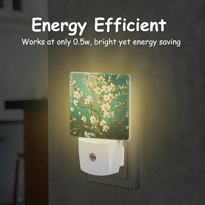 Night Light,Blossoming Almond Tree Oil Painting Plug-in Night Light Auto Dusk-to-Dawn Sensor Energy Efficient LED Lamp for Room Decor,Hallway,Kitchen,Bathroom,Nursery,Stairs