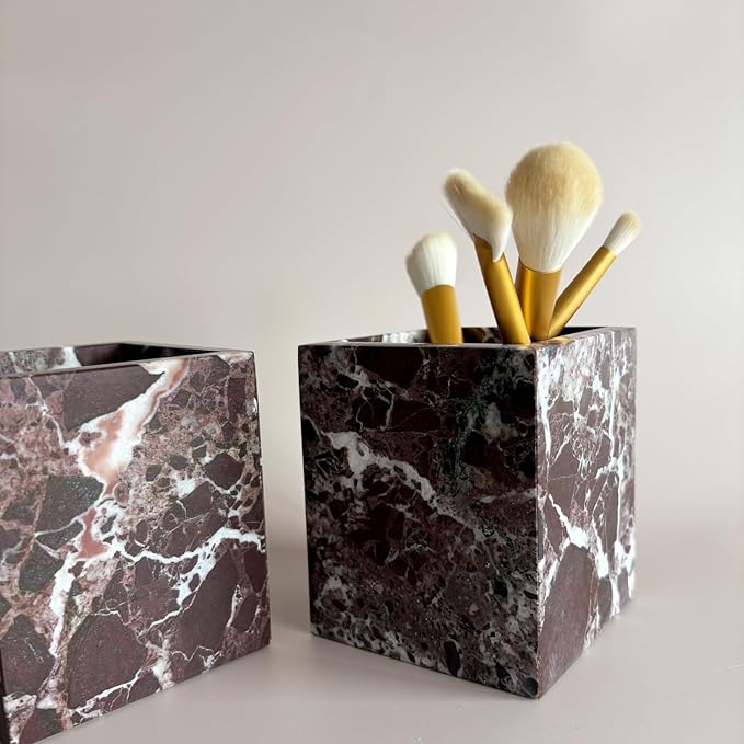 Natural Marble Stone Square Storage Container Empty Vessel Holder Cup for Candle/Pens/Sundries items (Rosa Levanto)