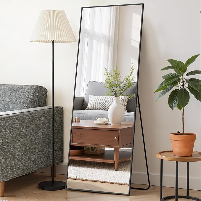 Mirror Full Length 59"x16" Full Body Floor Mirror with Stand, Shatterproof Glass, Aluminum Alloy Frame, Free Standing Wall Mounted or Leaning Rectangle Mirrors for Bedroom Living Room Entryway