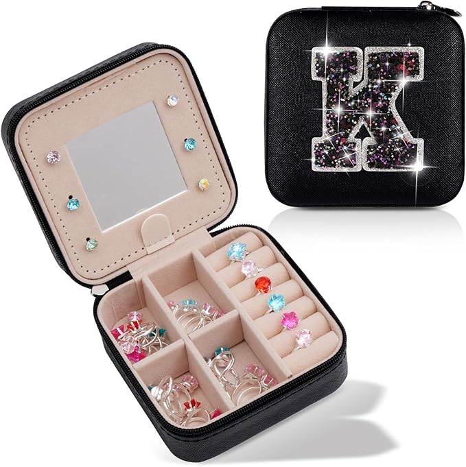 Uygafly Travel Jewelry Case - Personalized Jewelry Box for Women,Small Jewelry Organizer Cute Jewelry Organizers and Storage Aesthetic,Travel Essentials Birthday Gifts for Girls Women | Black,K