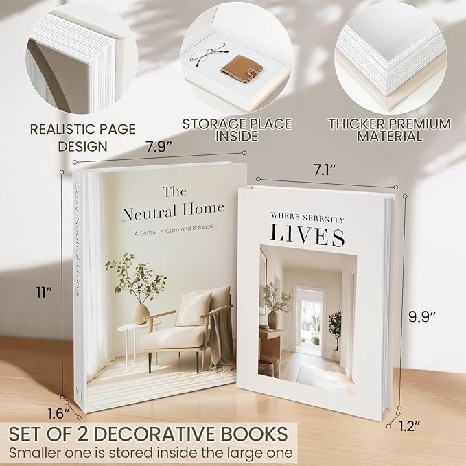 Decorative Books for Neutral Home - Fake Books Storage Box for Decoration - Set of 2 Coffee Table Book - Photo Storage Keepsake Box for Room Bookshelf Decor, Beige