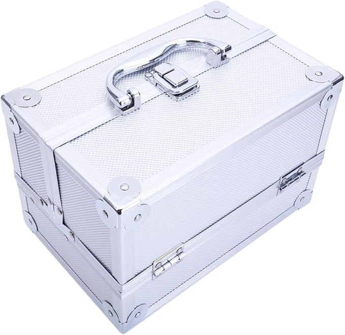 Makeup Box Train Case Large Storage Capacity Trays with Mirror Portable Travel Cosmetic Organizer with Brush Holder, Makeup Travel Train Case, 9" Lx 6" W x 6" H Silver