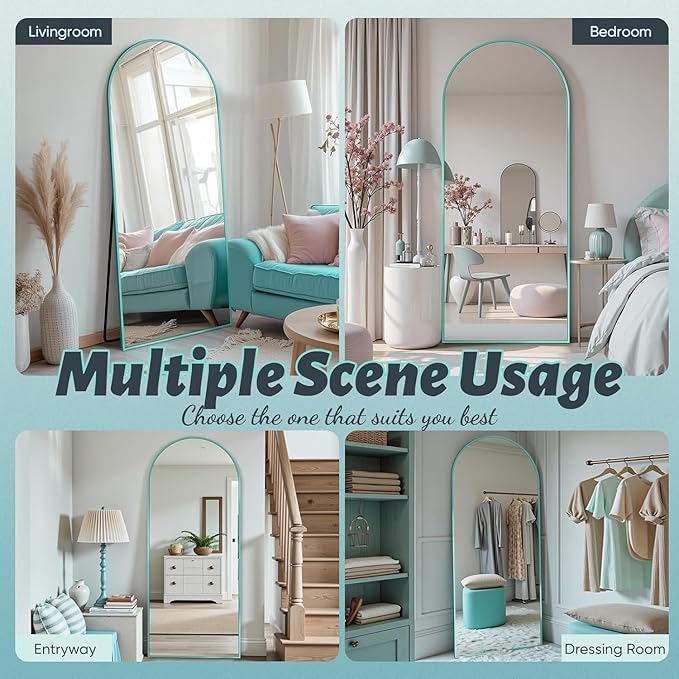 Antok 58" x18” Arched Full Length Floor Mirror, Blue Aluminum Frame, Free Standing/Wall Mount/Leaning for Bedroom, Living Room, Dressing Room