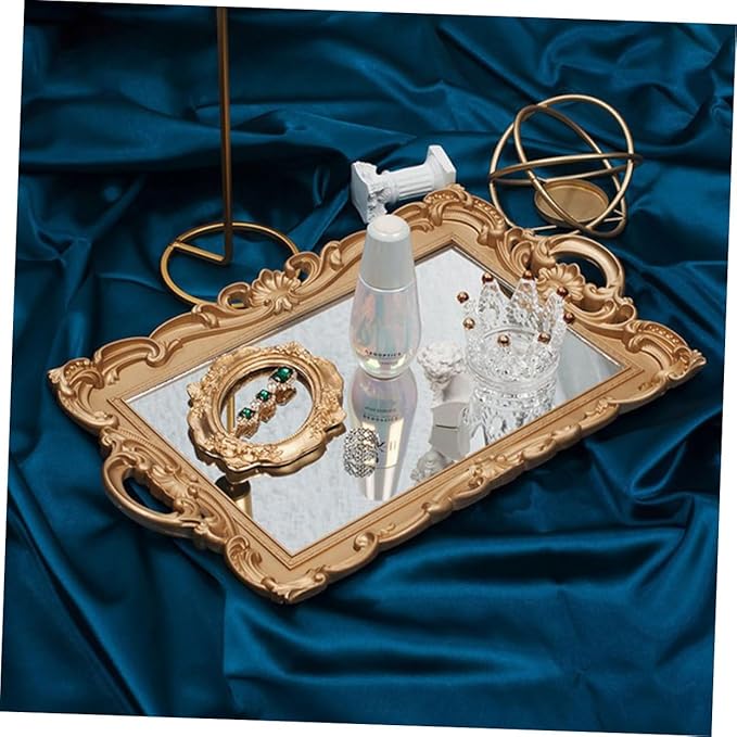 Vintage Golden Mirror Makeup Tray European Style Cosmetics Organizer for Perfume Storage Decorative Vanity Tray for Home Party and Dresser Display