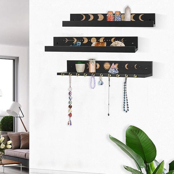 Crystal Shelf with Hooks Set of 3, Moon Shelf Display Wall Mount, Wood Floating Shelves for Celestial Decor and Room Decor, Crystal Display Shelf Holder for Stones, Essential Oils (Black)