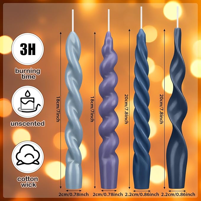 Nuanchu 4 Pcs Twisted Taper Candles Wax Unscented Smokeless Spiral Swirl Candlesticks for Wedding Holiday Dinner Party Home Decorations(7.87 Inch,Pure,Blue)