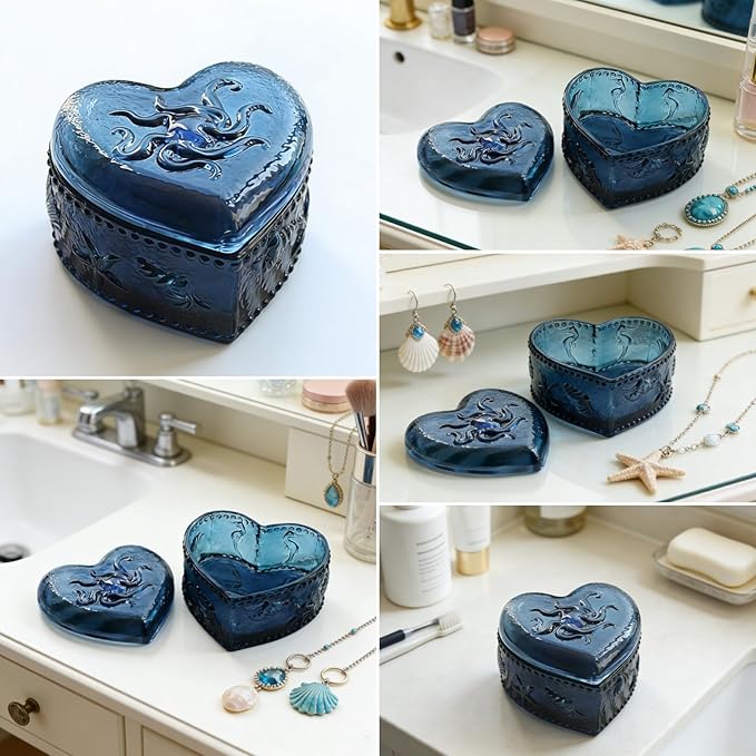 Glass Jewelry Box Heart Shape Cute Box for Storage Ring Earring Trinket Vintage Jewelry Organizer Decorative Gift for Women Girls-GRB021-Navy