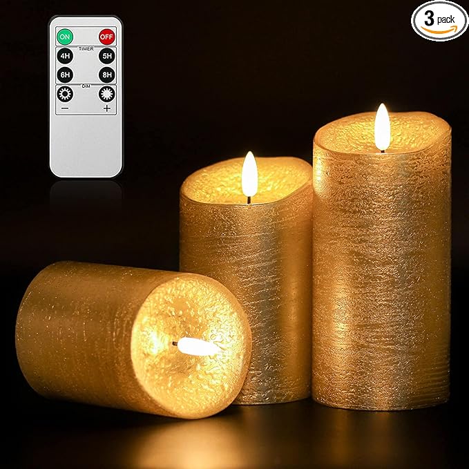 Gold Flameless Candles with Remote, Flickering Real Wax Battery Operated Candles with Timer, Set of 3 LED Pillar Candlesfor Home Room Decor Christmas Decoration