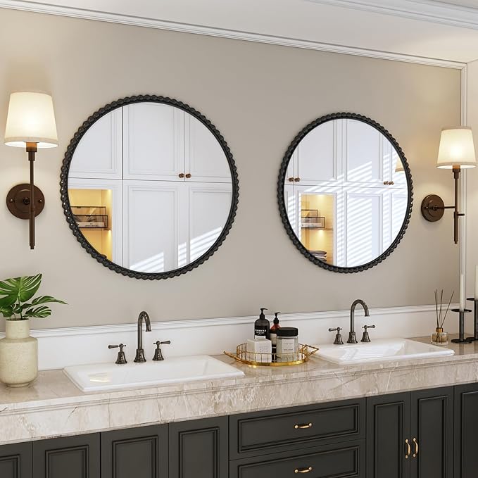 Uniclinens Beaded Round Wall Mirror Large - Vintage Mirror Wall Decor 31.5" with Metal Frame, Ideal for Entryway, Fireplace, Living Room, Hallway, Bathroom, Black