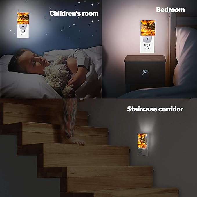 Sunset Seashore Night Light, Palm Trees Night Lights Plug into Wall Decor for Bedroom,Bathroom,Hallway,Kitchen,Dusk to Dawn Sensor Nightlights for Boys Girls Women Men Room Gifts
