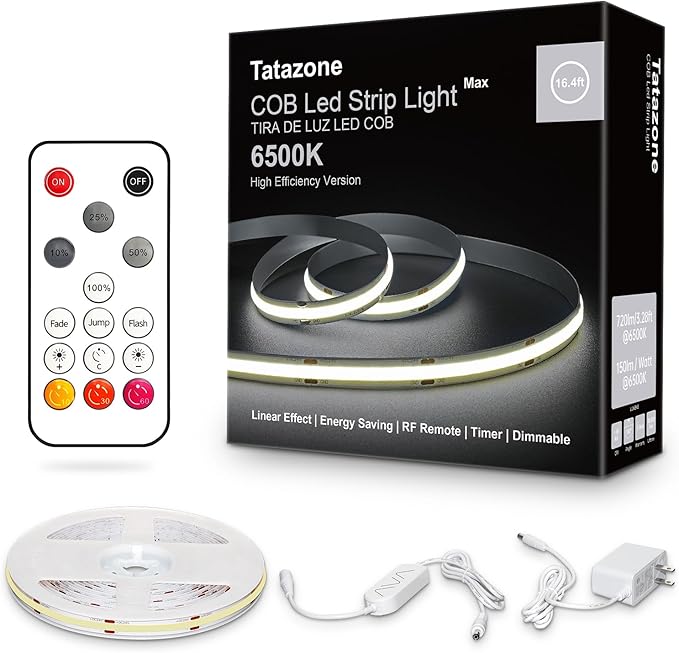 Tatazone White COB Led Strip Light Max with RF Remote, 16.4ft 6500K Dimmable Ultra Bright Daylight White COB Light Strip, Indoor COB Led Lights for Mirror, Ceiling, Kitchen, Room, Cabinet, Closet