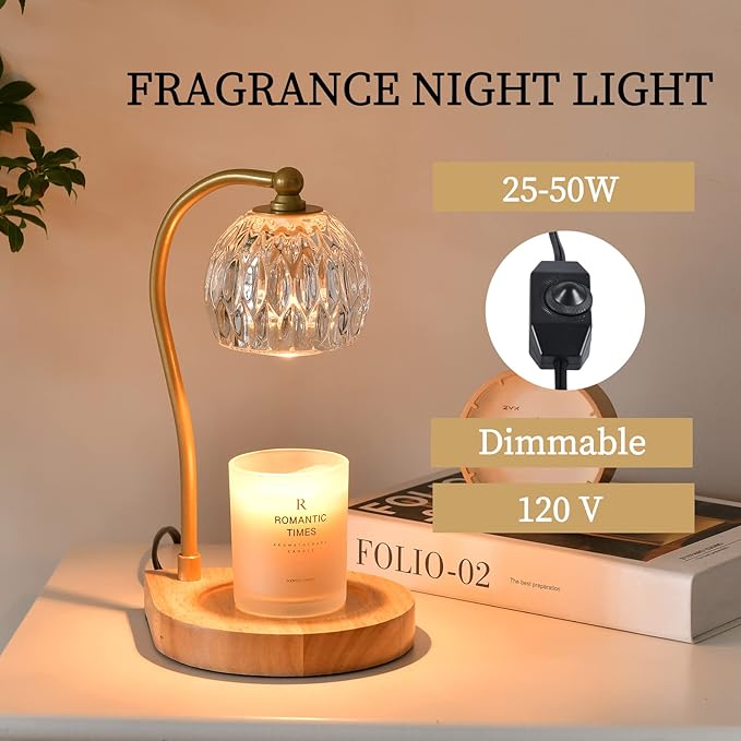 Candle Warmer Lamp,Candle lamp,Vintage Crystal Candle Wax Warmer,Heat Adjustable,Birthday Gifts for Women mom,with 2 Bulbs,Wooden Base(Transparent)