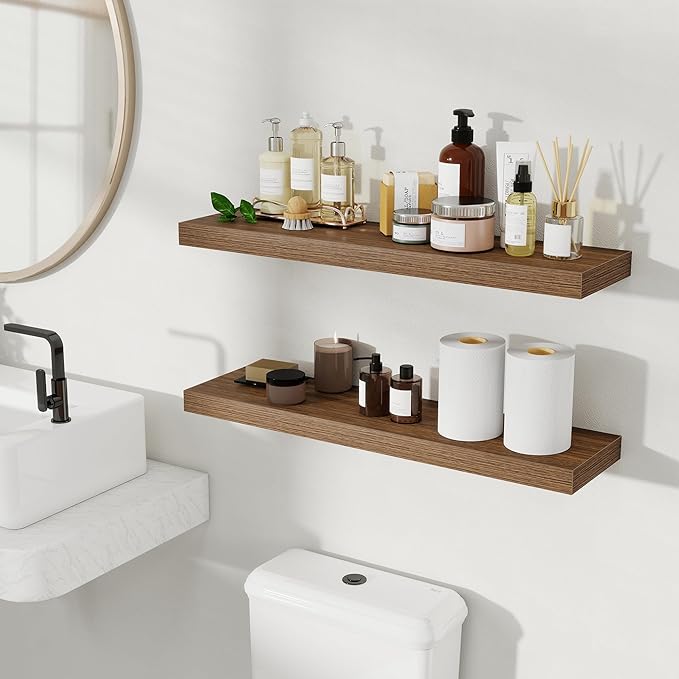 Fun Memories Rustic Wood Floating Shelves for Wall, Space-Saving Wall Mounted Shelves for Bathroom, Bedroom, Living Room and Kitchen, Stylish Storage & Display (Set of 2, Walnut, 30 in)