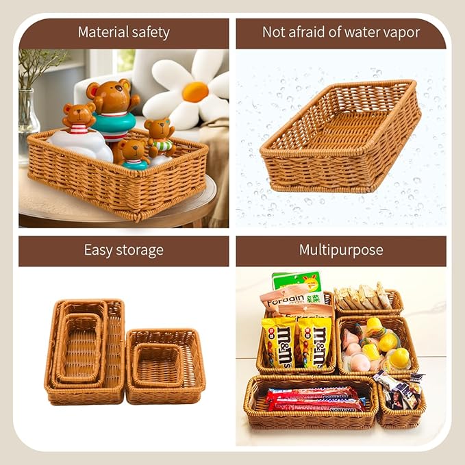 Drawer Organizers- Plastic Rattan Storage Trays for Bedroom, Bathroom, Kitchen, Office, Handwoven organizer, Waterproof and Easy Clean, 1 Set, Natural Color
