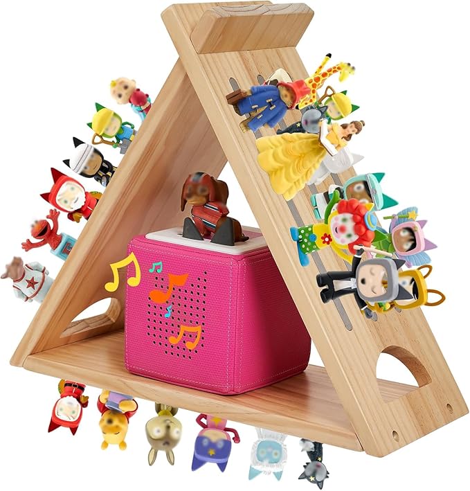 for Toniesbox Shelf,Triangle Tonie Shelf Magnetic Compatible with Toniesbox 1 and 2,Solid Oak Wooden Wall Mounted Tonie Storage Display Shelf for 40-80 Characters for Kids Play Room
