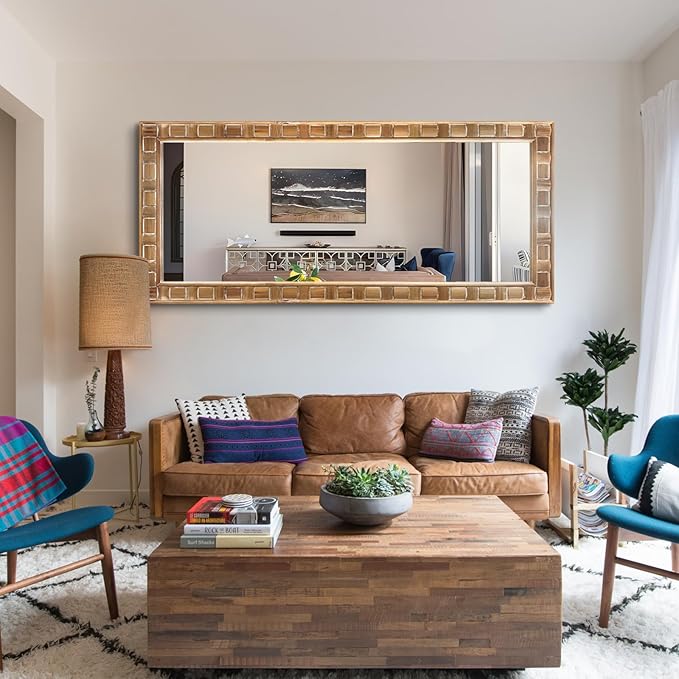 POZINO Full Length Mirror with Solid Wood Frame, 65"X30" Farmhouse Wooden Floor Mirror for Dressing, Large Rustic Rectangle Wall Mirrors for Living Room Bathroom Bedroom, Horizontal Or Vertical