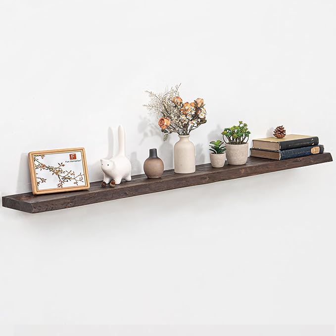 Fun Memories Floating Shelves for Wall, 60"x9.3" Rustic Solid Live-Edge Elm Wood Wall Shelves, Heavy-Duty Floating Shelves with Invisible Brackets for Living Room, Bedroom, and Kitchen, Walnut Finish