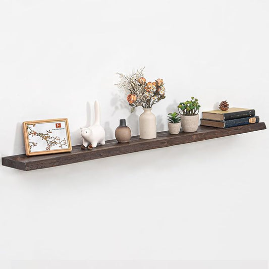 Fun Memories Floating Shelves for Wall, 60"x9.3" Rustic Solid Live-Edge Elm Wood Wall Shelves, Heavy-Duty Floating Shelves with Invisible Brackets for Living Room, Bedroom, and Kitchen, Walnut Finish