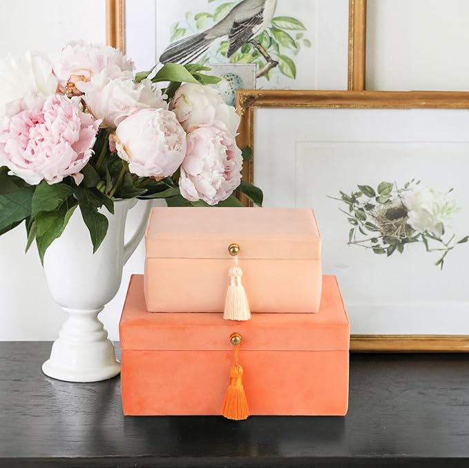 HofferRuffer Velvet Jewelry Boxes Decorative Boxes, Storage Accessory Organizer Boxes with Elegant Handle Decor, Classic Velvet Set of 2 Pieces (Orange)