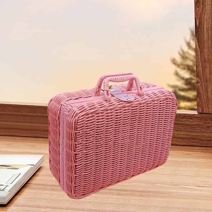Woven Suitcase Imitation Rattan Storage Basket Portable Photo Prop Makeup Case Picnic Basket for Tabletop Bathroom Household, Pink L