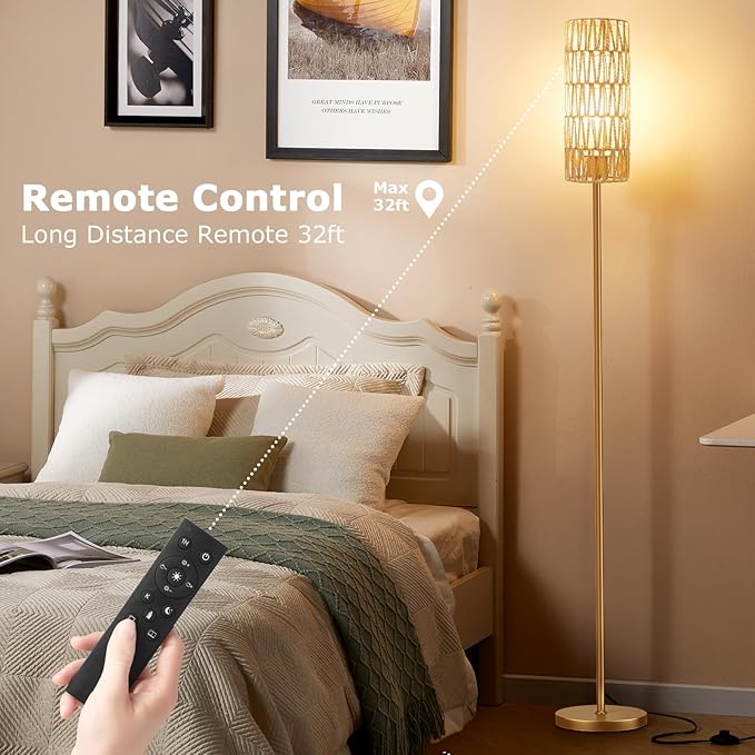 Ambimall 64'' Floor Lamps for Living Room with Remote Control and Stepless Dimmable Colors Temperature & Brightness, Boho Gold Standing Lamp with Beige Rattan Shade
