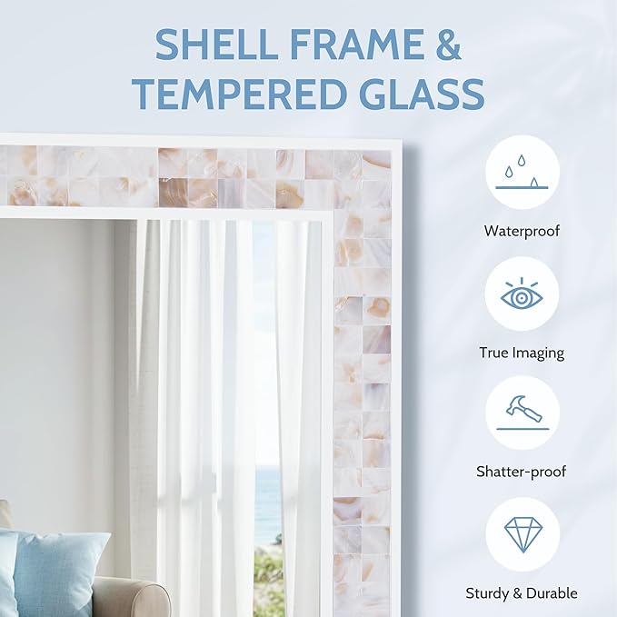 Tanmicoshomy Brown Shell Framed Rectangular Wall Mirrors for Bathroom, 30x36 Inch Mosaic Mirror for Bedroom Living Room or Entryway, Wall Mounted Horizontal or Vertical Hanging