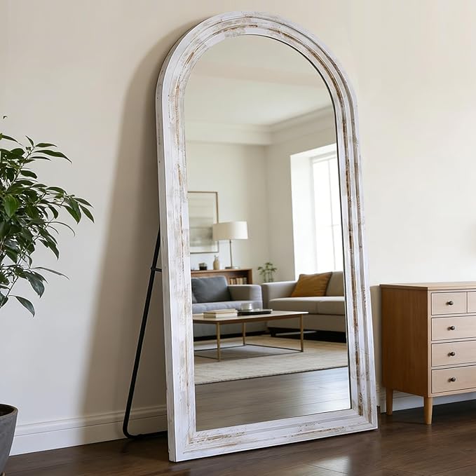CASSILANDO 71x32 Inch Arched Full Length Mirror with Solid Wood Frame Wall Mounted Floor Mirror, Vertical Hanging Leaning Standing Mirror for Living Room, Bedroom, Entryway, Rustic White