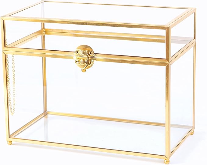 Vellon Gold Clear Glass Wedding Gift Card Box with Buckle Lock, Desktop Cosmetic Storage Organizer with Lib, Keepsake Box/Makeup Container, Golden Jewelry Box