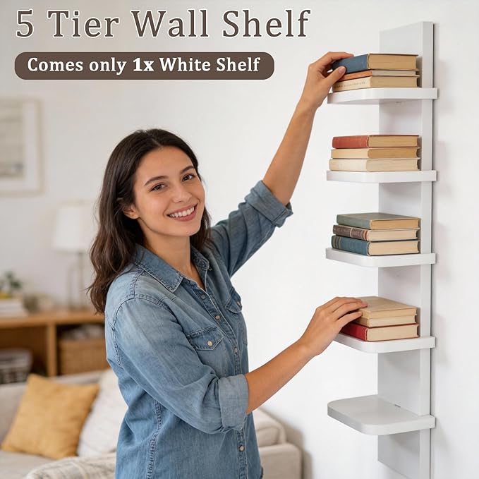 Versatile 5 Tier Wall Shelf Unit, Floating Shelves for Wall (Round Corner), Vertical Lack Wall Shelf for Bedroom, Vanity, Living Room, Home Decor Makeup Organizer Display, White