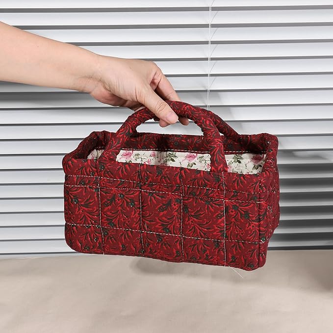 Mini Storage Basket, Small Quilted Boho Fabric Organizer Bin with Handle, Portable Collapsible Basket for Socks, Keys, Diaper