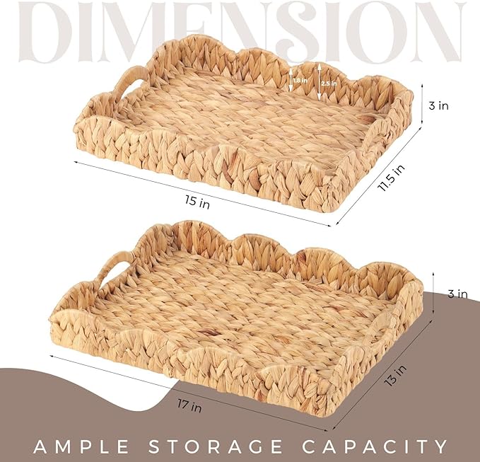 Scalloped Water Hyacinth Tray, Hand-Woven Wicker Storage Baskets with Scalloped Edge and Handles (17x13x3 inch) Rectangular Handwoven Trays, Water Hyacinth Basket, 2 Pack (Light Brown)