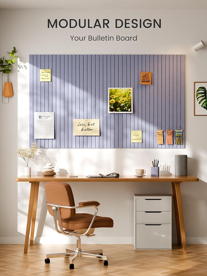Bumusty Large Cork Board Alternative-36 x 24" Felt Bulletin Board Tiles, with 30 Pushpins, 40 Adhesive Tabs, Fine-Stripe 6-Pack, Cork Boards for Office Push Pin Board-Soft Periwinkle