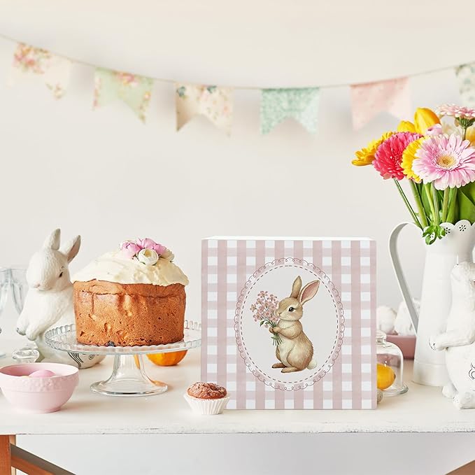 Pink Bunny Wood Box Sign Desk Decor, Bunny Decorations, Pink Easter Theme Wooden Block Box Sign Decoration for Home Office Shelf Table Decor 5x5