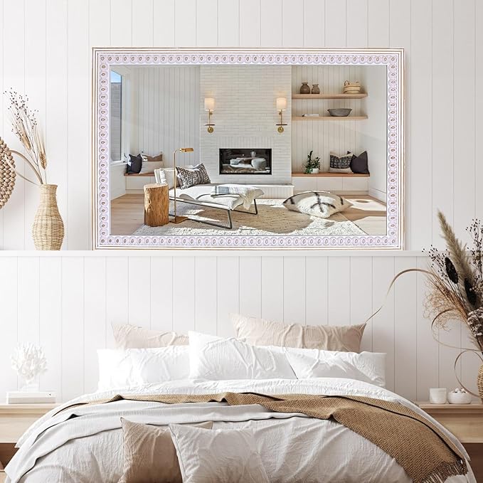 35x23 Inch Wooden Rectangle Mirror for Wall, Farmhouse Rustic Mirrors Decorative for Bathroom Over Sink, Entryway, Living Room, Bedroom (Vertical/Horizontal)