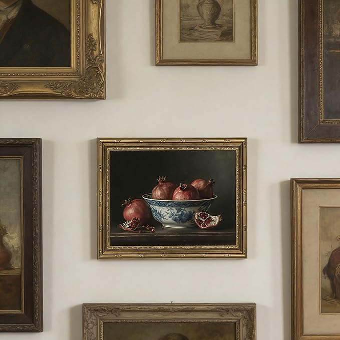 Gold Framed Wall Art Vintage Pomegranate Still Life Wall Art Fall Red Fruit Wall Decor Picture Rustic Farmhouse Autumn Kitchen Poster Print Country Cottage Gallery Aesthetics Decoration 9x11in
