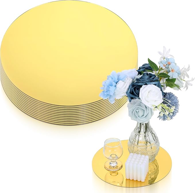 12 Pcs 10 Inch Acrylic Round Mirrors, Round Mirrors for Centerpieces, Mirror Centerpieces for Tables, Circle Mirror Plates, Acrylic Candle Plates for Home Wall Decor Weddings(Thickness 1 mm) (Gold)