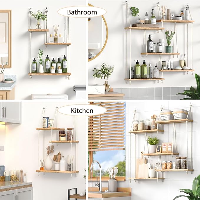 Hanging Shelves for Wall,Macrame Hanging Plant Shelf with Vine Lights 3 Tier Rope Floating Shelf Wood Organizer Storage Rack Boho Wall Decor Aesthetic for Succulents Bedroom Bathroom Kitchen