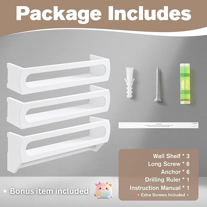 Nursery Shelves for Wall, Premium Bamboo Wood, Fully Assembled - Nursery Book Shelves, Book Shelf for Kids Rooms, Multi-Use Floating Shelves for Wall, Set of 3 (White, 16.5 Inches)