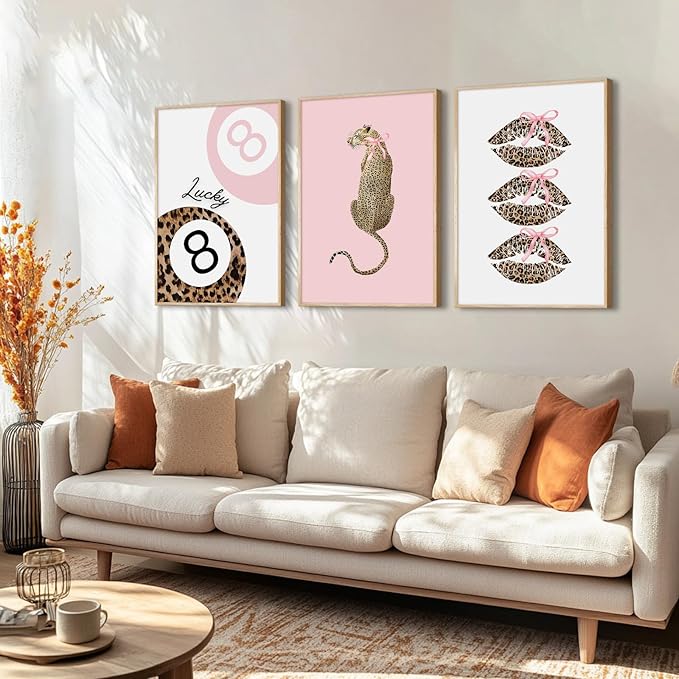 Pink Leopard Wall Art Decor Cheetah Trendy Poster Preppy Aesthetic Canvas Room Decor Pictures Coquette Y2k Wall Art 8 Ball Prints Pink Fashion Bow Artwork for Girls Bedroom 16x24x3 Inch Unframed