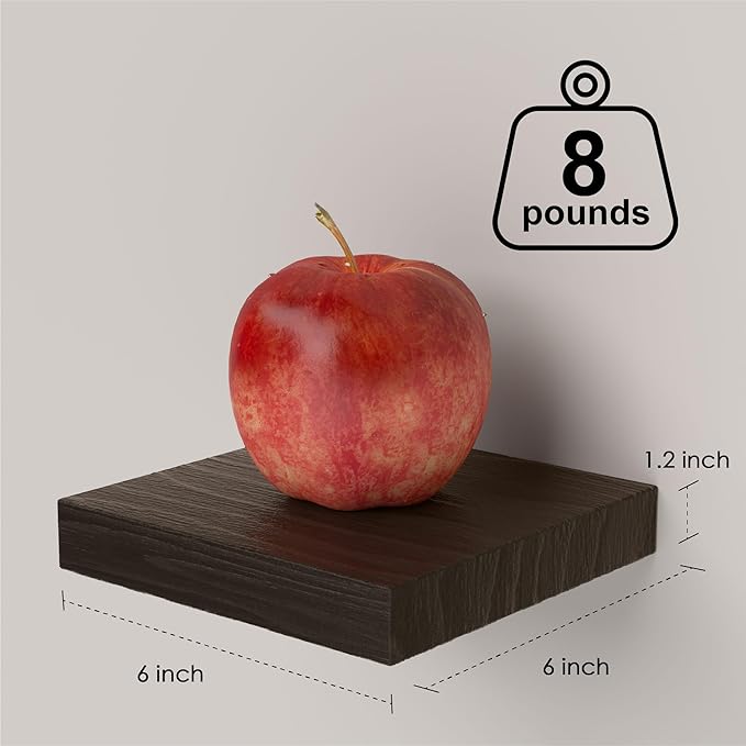 PopiShelves Small Floating Shelves for Wall - 6 Inch Mini Square Rustic Brown Shelves for Bedroom, Living Room, Bathroom, Kitchen, Office Decor Set of 3