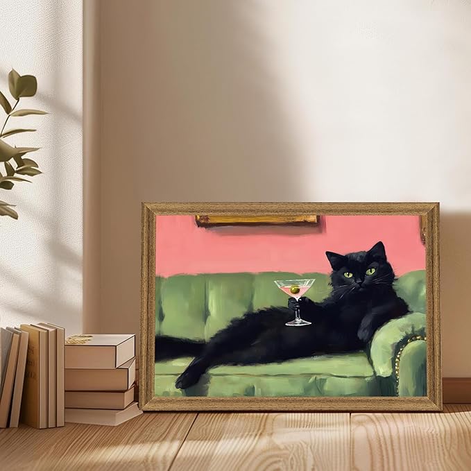 Fantasy Artists Humorous Black Cat Character Wall Art – Relaxed Anthropomorphic Illustration with Playful Attitude, Framed Canvas for Living Room, Office or Creative Space, 16W X 24H