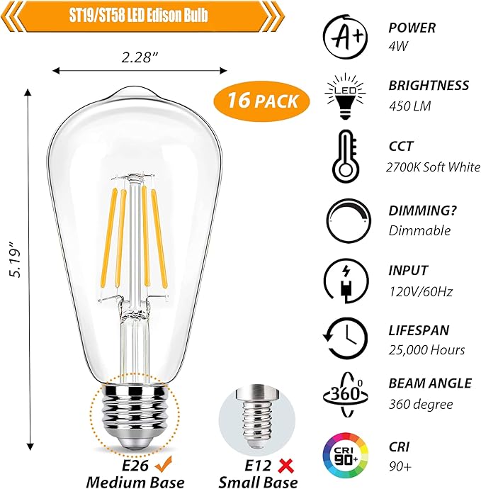 16 Pack LED Edison Bulbs 40W Equivalent, Dimmable 2700K Soft Warm White ST19/ST58 Light Bulb, 4 Watt Vintage LED Filament Bulb, High CRI 90+, 450LM, E26 Base