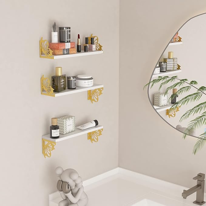 Hoikwo 3 Pack Butterfly Wall Shelves, White Gold Floating Book Shelves, for Mother, Mom, Women, Girls, for Preppy Room Decor, Living Room, Bedroom Decor Aesthetic